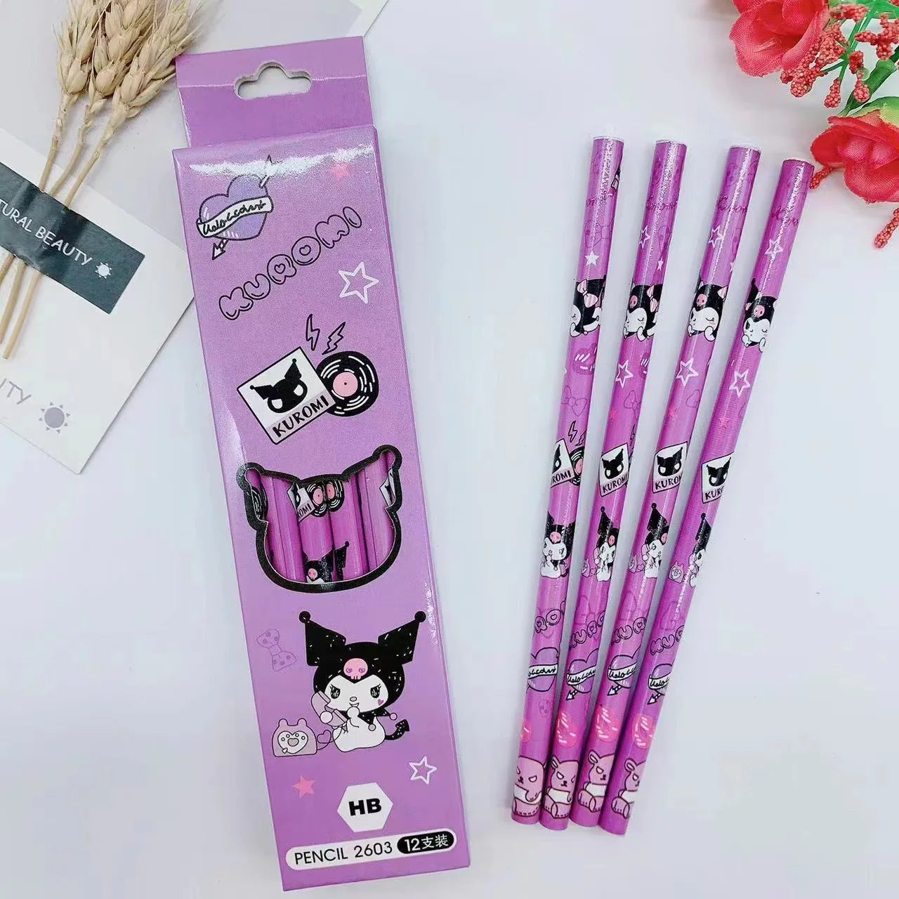 Hello Kitty Kuromi Pencil Case Set Cute Cartoon-Style Solid-Color 2B Pencils 12-Pack HB Writing Pencils Qme 1