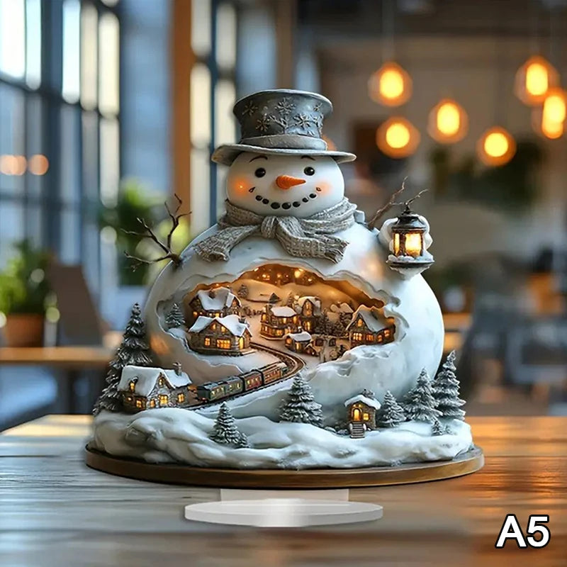 2D Flat Acrylic Christmas Desk Decor Base Snowman House Rotating Qme A5