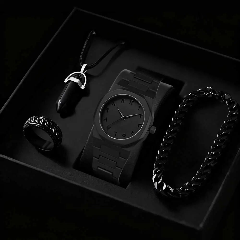 Matte black octagonal Arabic numerals men's watch Cuban bracelet bullet pendant ring four piece set, not including gift box Qme black