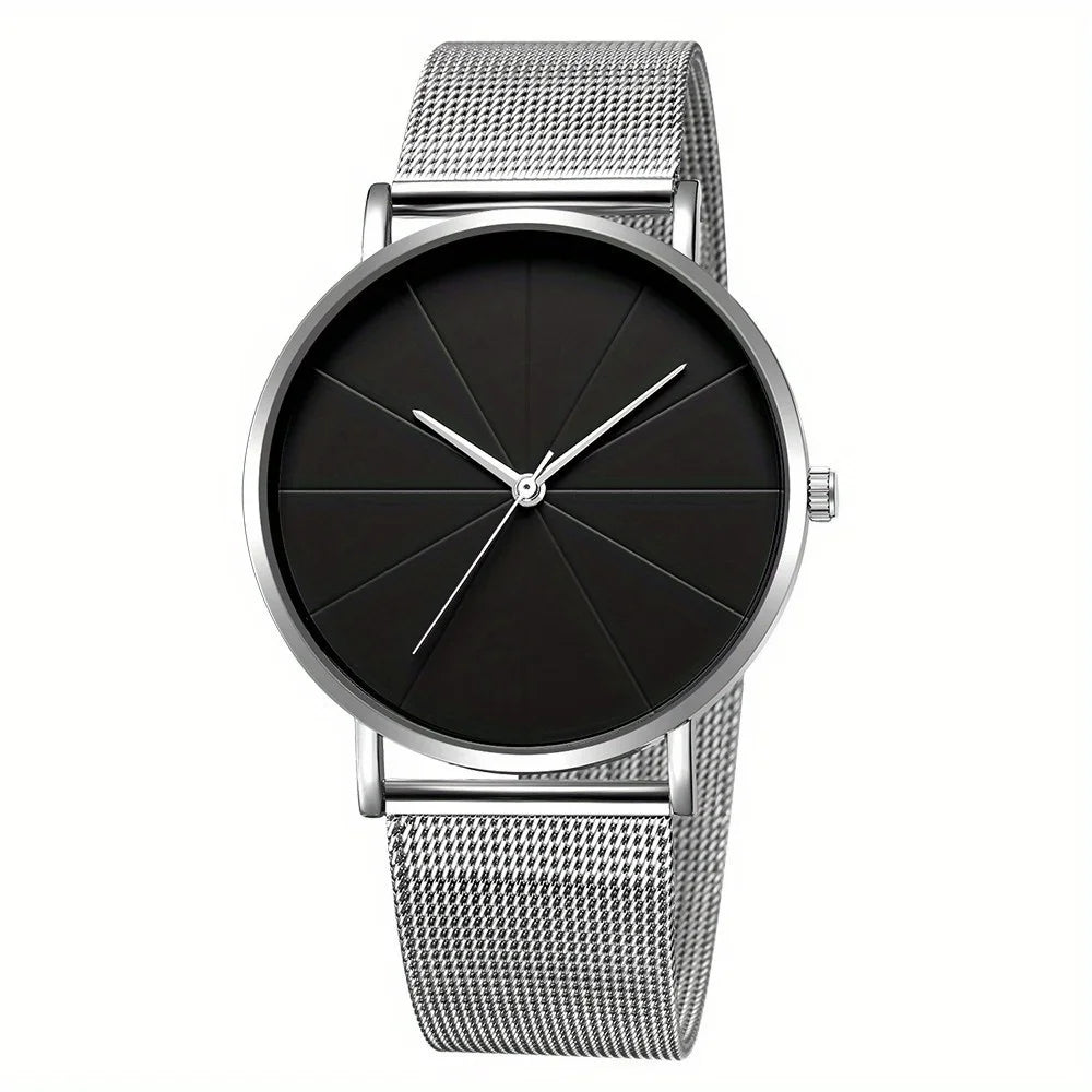 Casual Round Pointer Quartz Watch Large Geo Dial Analog Mesh Strap Wristwatch For Women Men Qme