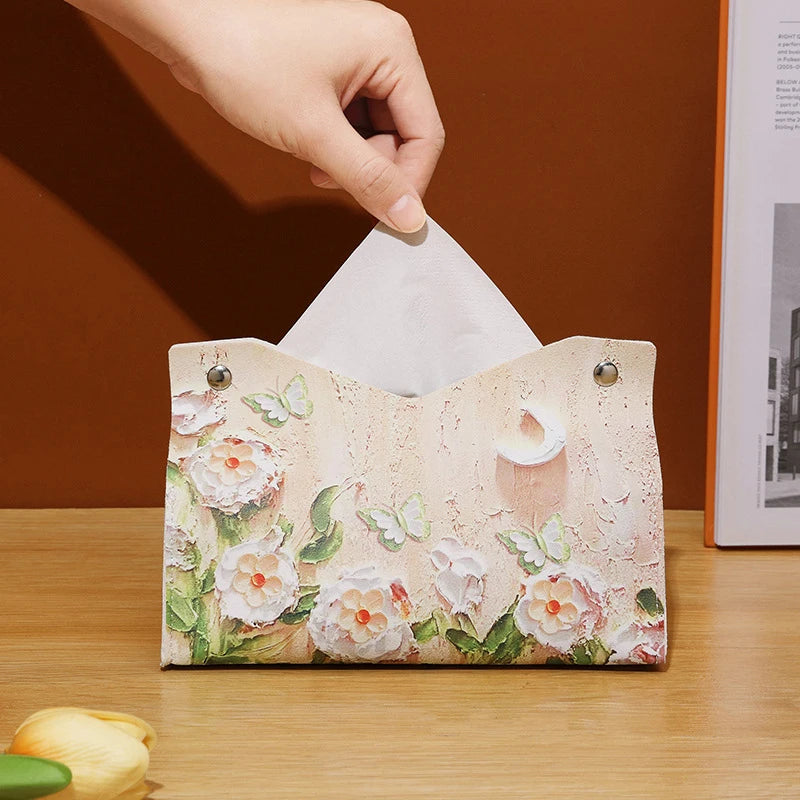 Oil Painting Style Flowers Tissue Box Creative Tabletop Napkin Box For Home Living Room Qme White