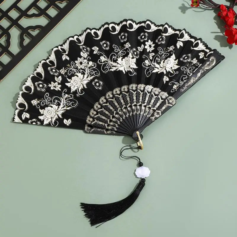 Gold Powder Plastic Fan Art Craft Home Decor Vintage Folding Chinese Qme A2