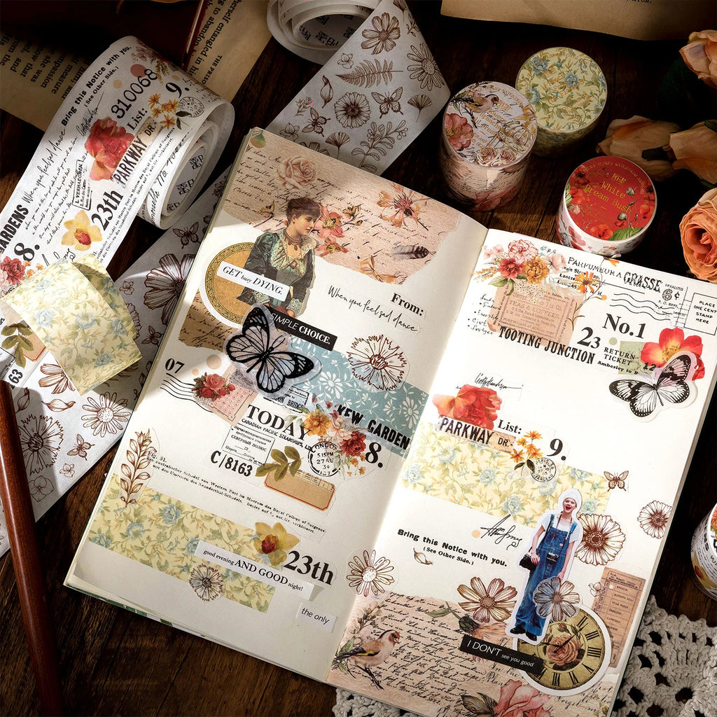 TIANZI 30mm/50mm*2m Vintage Plant Masking Washi Tape Flowers Sticker Aesthetics Diy Scrapbooking Sticker School Supplies Qme
