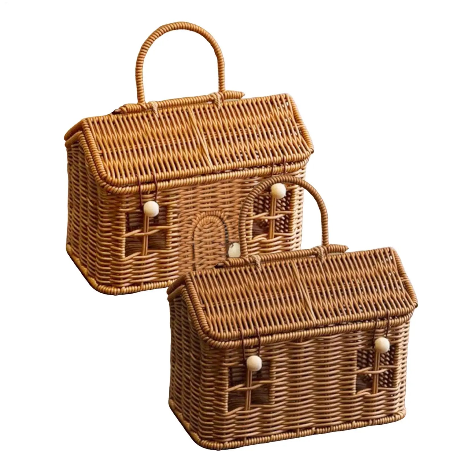 NEW Rattan Basket House Shape Portable Organizer Rattan Baskets With Lid For Organizing For Toy Toiletries Snack Fabric Camping Qme