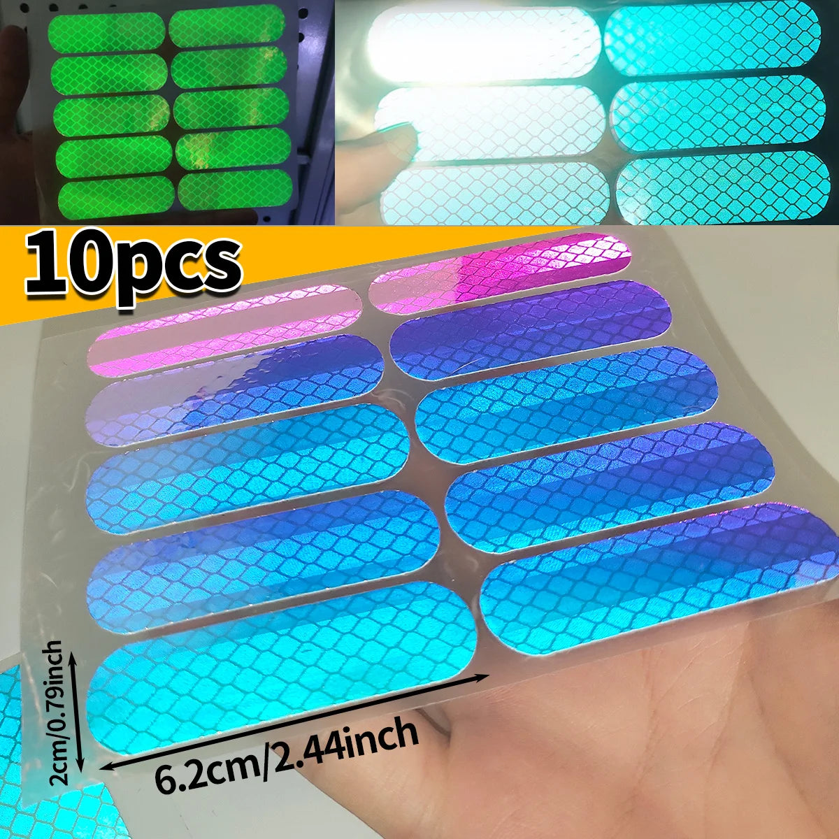 Seven-Color Laser Car Decoration Accessories Anti-Collision Reflective Warning Stickers for Car Motorcycle Wheels Qme 10pcs-2cmX6.2cm