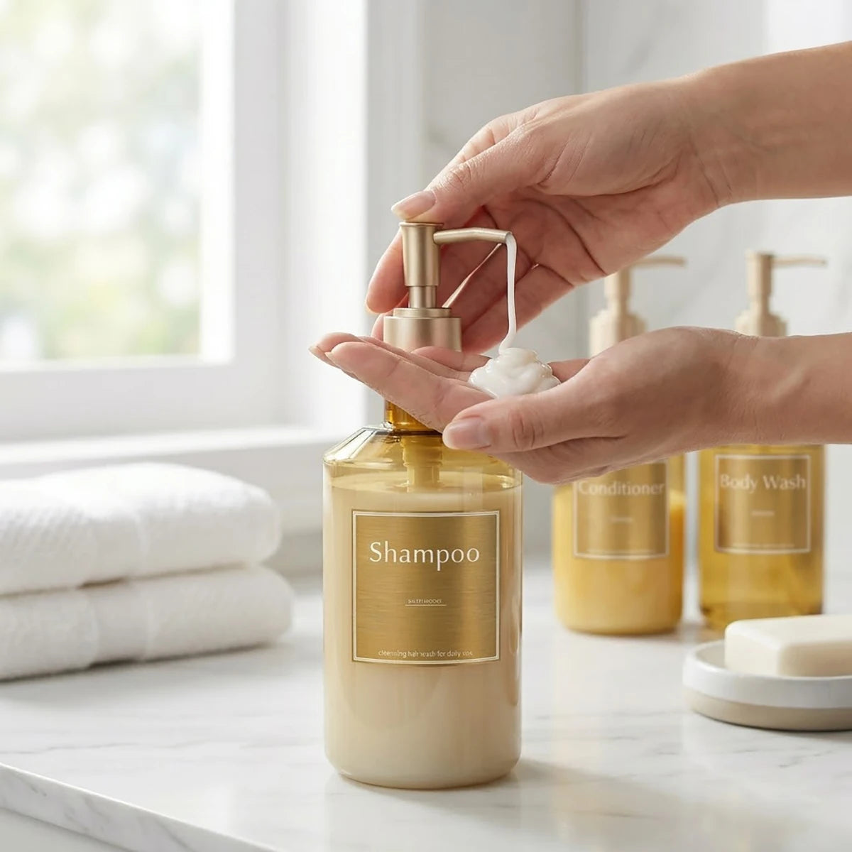 3PCS Shower Soap Dispenser Bottles with Waterproof Labels, Luxury Guest Bathroom Decoration Gold Bottles for Shampoo Conditioner Qme