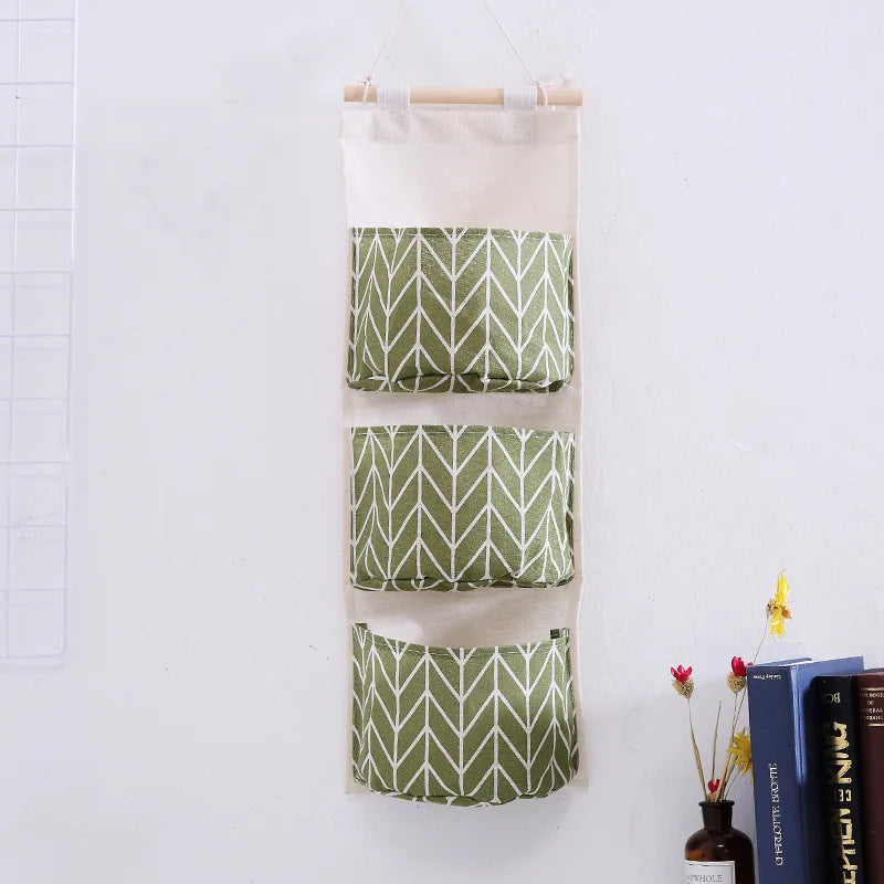 Three Pockets Hanging Wall Storage Bag Household Bedroom Living Room Kitchen Cotton Linen Storage Bag Qme GREEN