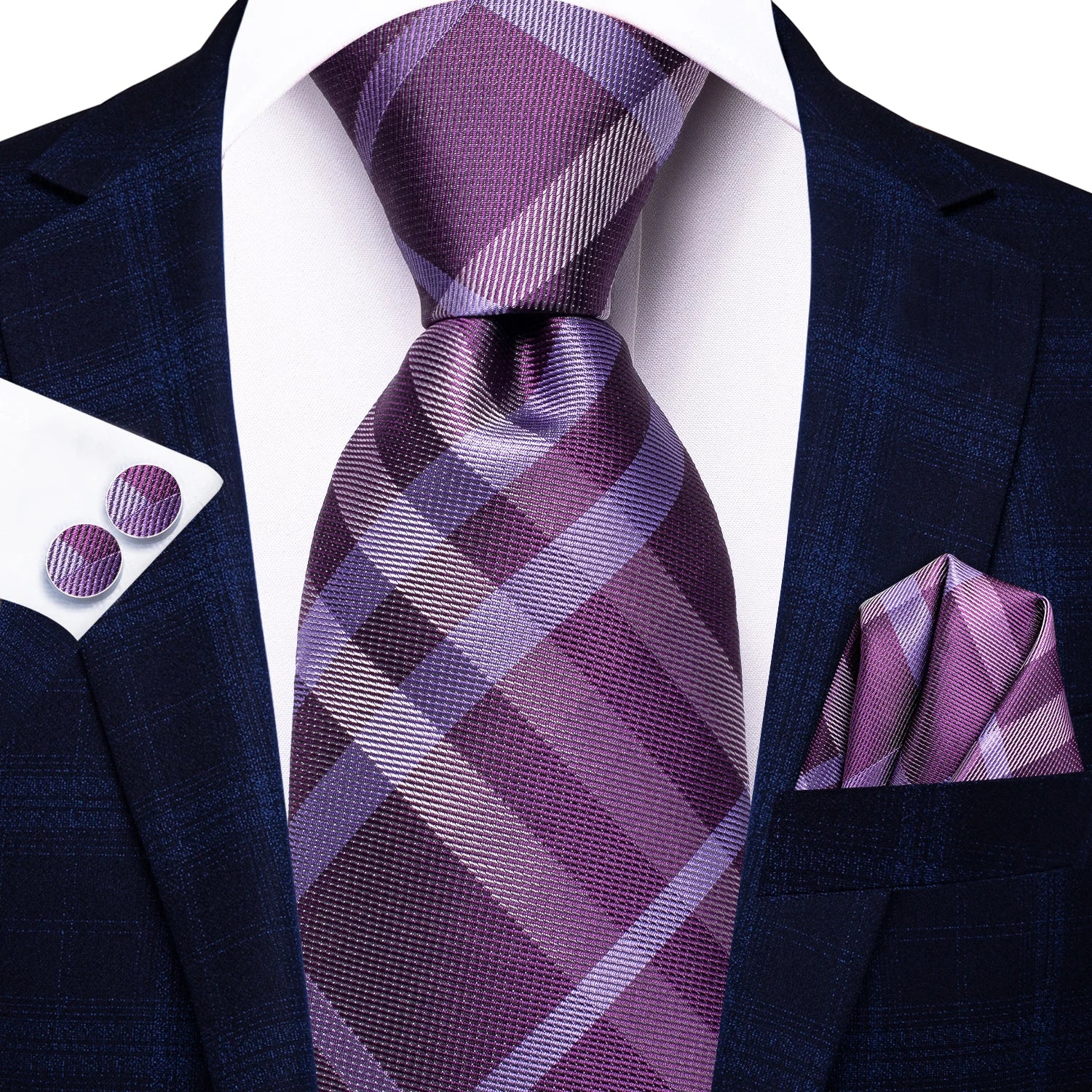 Designer Wedding Tie Men Blue White Plaid Handky Cufflink Red Gray Qme 3455