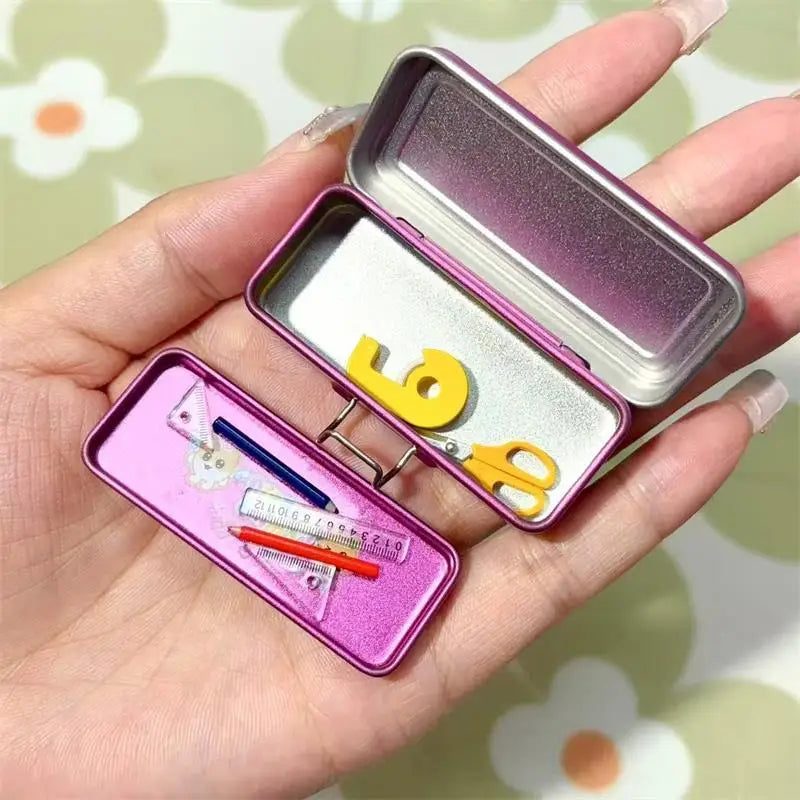 Dollhouse Miniature Double Layer Iron Pencil Box Pen Ruler Measuring Qme