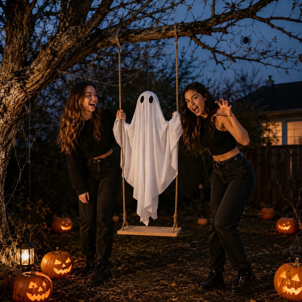 Halloween Swing Glowing Cute Ghost Ornament Garden Yard Bar Haunted House DIY Decorative Props Party Hanging Decor Qme