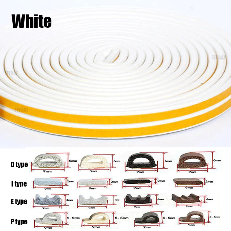5M/10M Window Weather Strip DIEP Self-adhesive Acoustic Rubber Foam Seal Strip Tape Windproof Insulation Door Weatherstripping Qme White P 10M