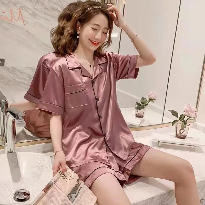 A Women's Sleepwear Simple Satin Pajama Set Long Sleeve Buttons Lapel Top With Elastic Pants Loungewear Nightwear 2 Piece Nighty Qme Double Short Red 5XL
