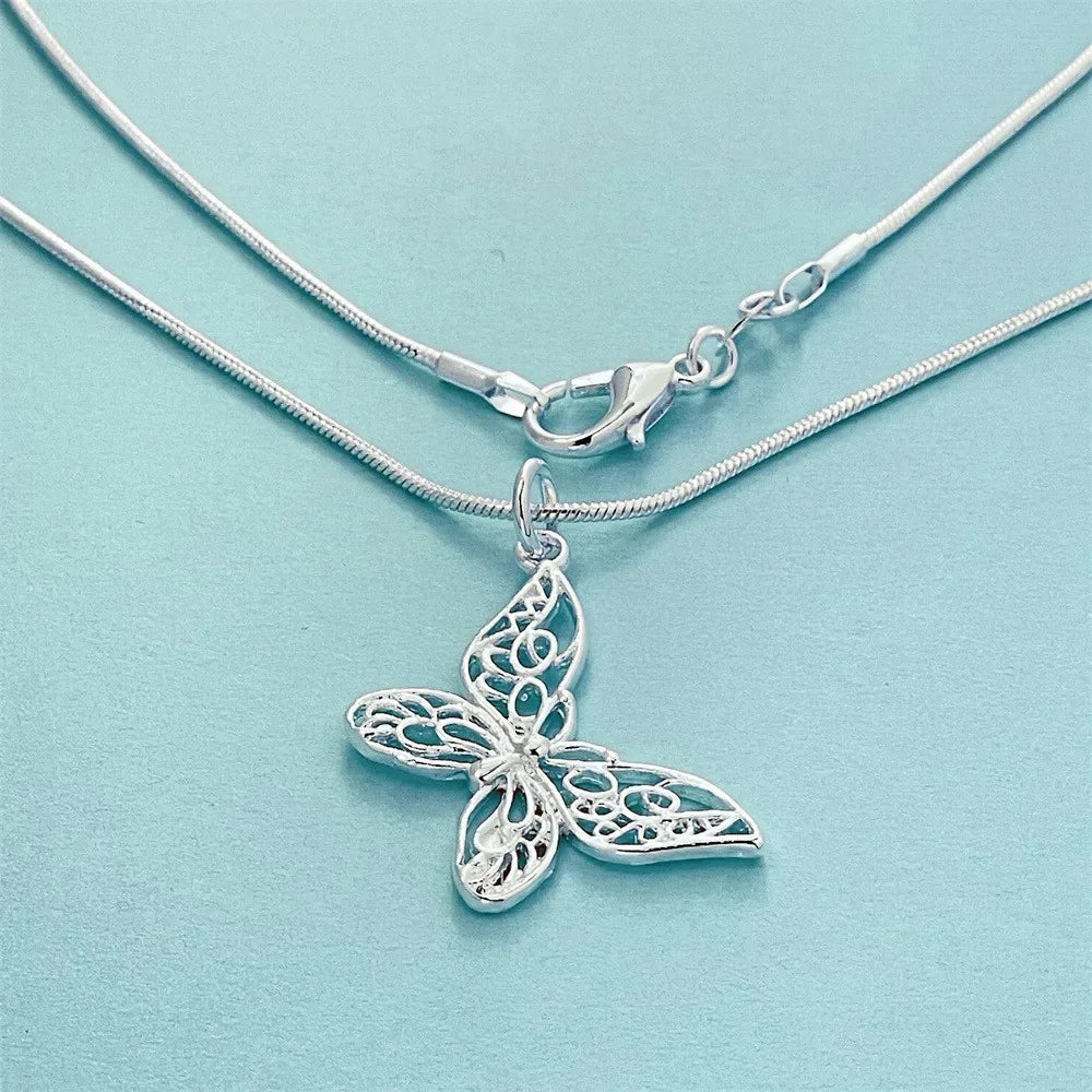 Fashion kpop 925 Sterling Silver Butterfly Necklace 18/20/22/24/28/30 inch Snake Chain For Women Wedding Engagement Jewelry Qme