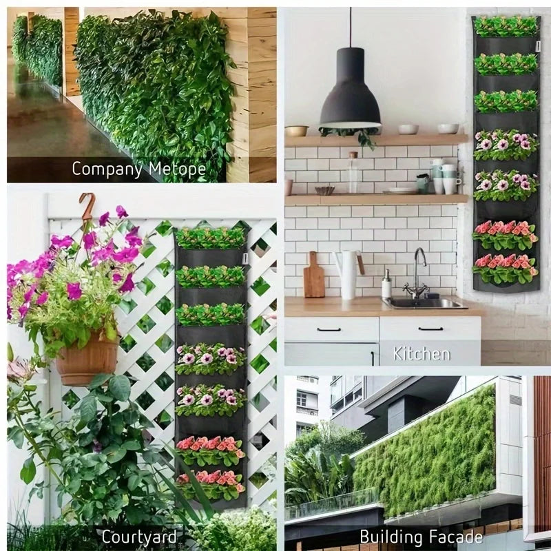7-Pocket Vertical Garden Wall Planter Hanging Pots – Perfect for Herbs, Succulents, Flowers, And More – Waterproof Planter Bags Qme