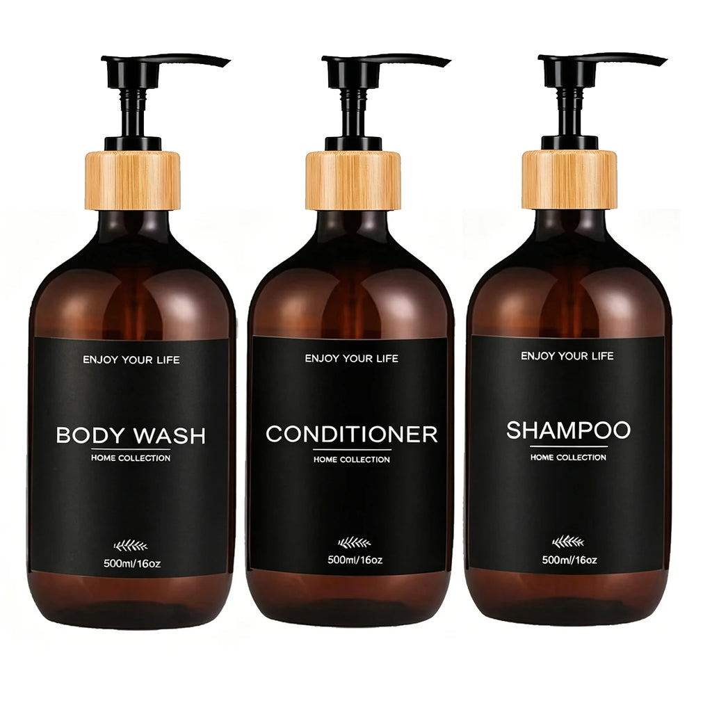 Refillable Amber Plastic Soap Dispenser with Bamboo Pumps Shatterproof Bottles for Shampoo Conditioner Body Wash Hand & Dish Qme 3PCS-A
