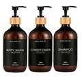 Refillable Amber Plastic Soap Dispenser with Bamboo Pumps Shatterproof Bottles for Shampoo Conditioner Body Wash Hand & Dish Qme 3PCS-A