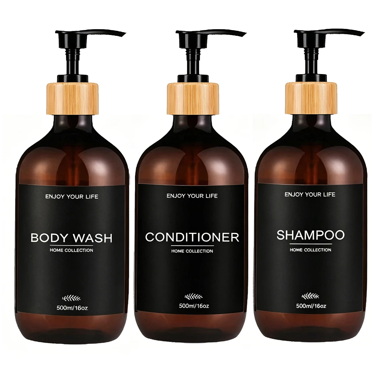 Refillable Amber Plastic Soap Dispenser with Bamboo Pumps Shatterproof Bottles for Shampoo Conditioner Body Wash Hand & Dish Qme 3PCS-A