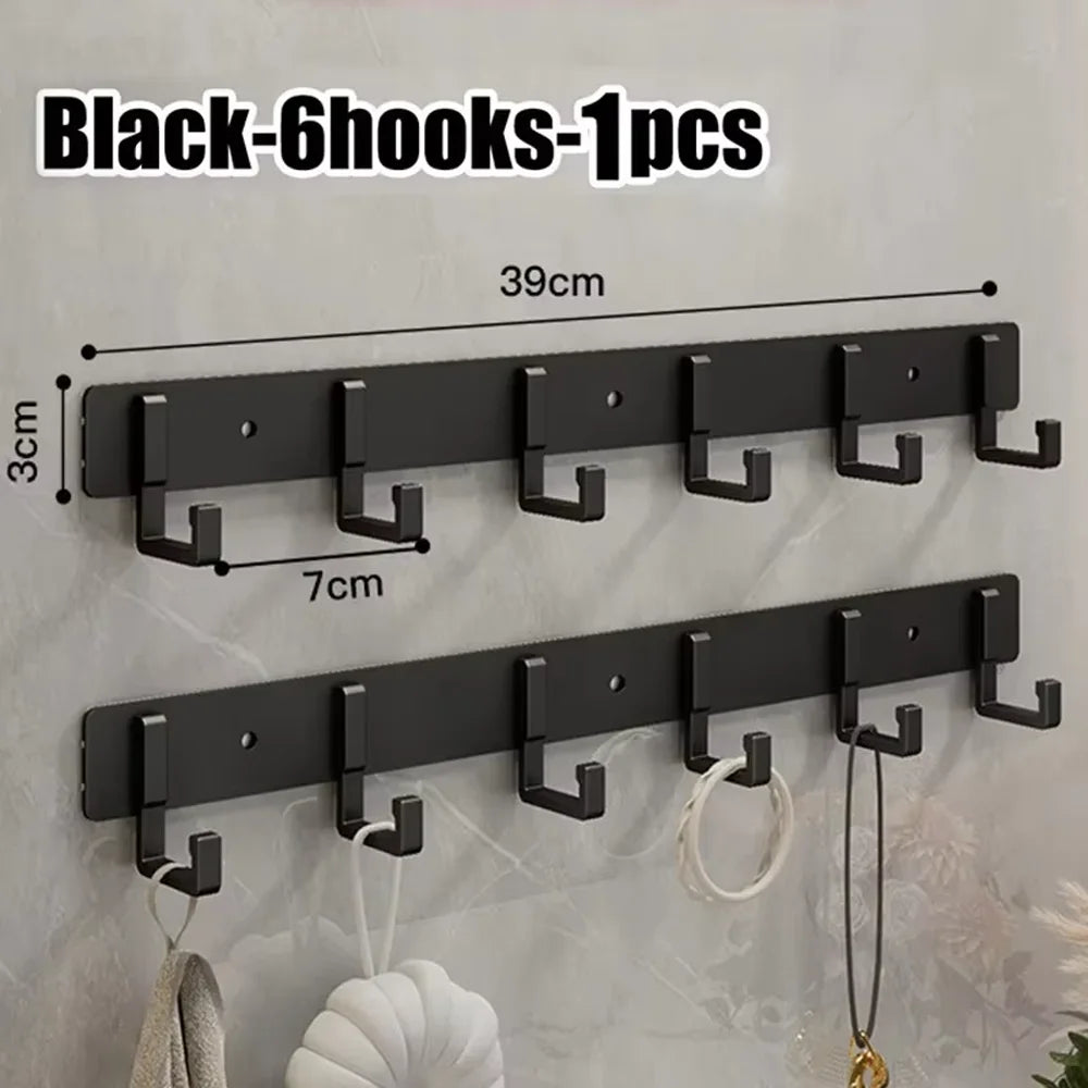 Ultra Thin Aluminum Alloy Wall Hook Easy Paste Mounting for Entryway Bag Key Hat and Casual Daily Wall Hanging Arrangement Qme Black-6hooks-1pcs