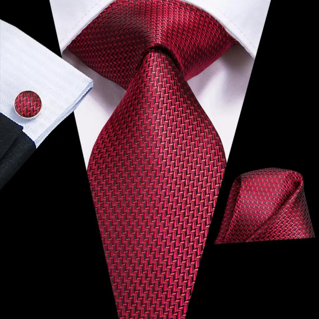 Hi-tie Designer Red Burgundy Plaid Wedding Tie Men Handky Cufflink Qme 3182