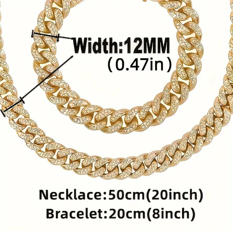 Men's Bling Jewelry Set: Gold Iced Out Watch + Cuban Link Chain + Bracelet, 3Pcs Hip Hop Set Qme