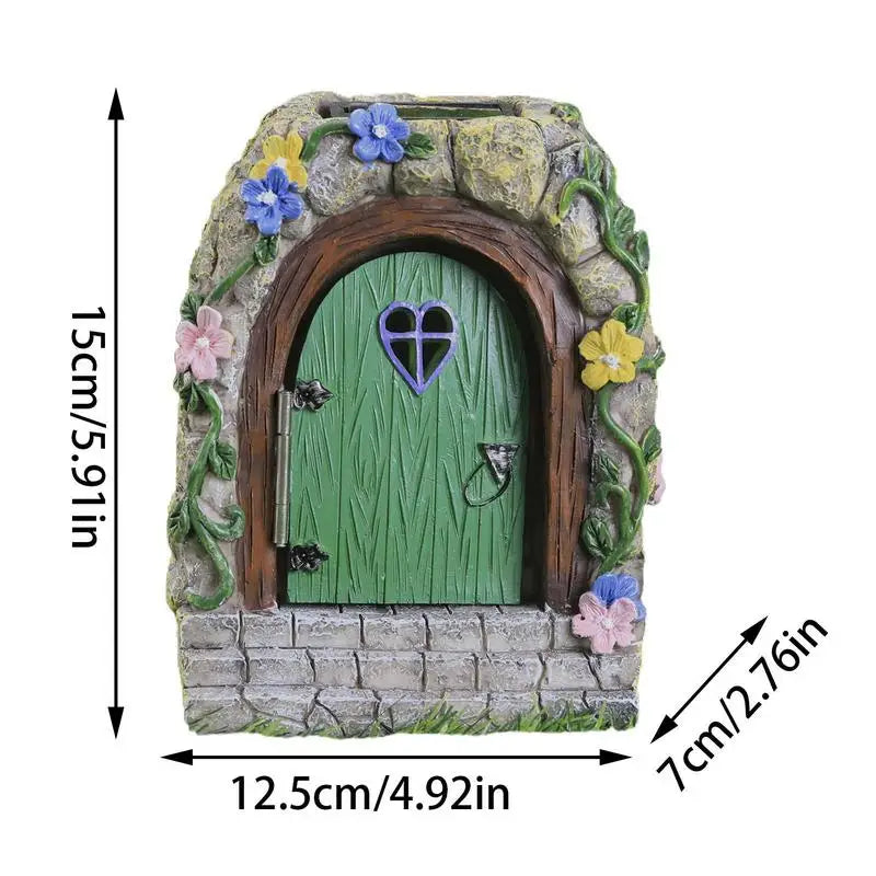 Garden Fairy Door Statue Outdoor Fairy Garden Gate Resin Tree Miniatures With Steps And Open Door Mystical Lighted House Qme