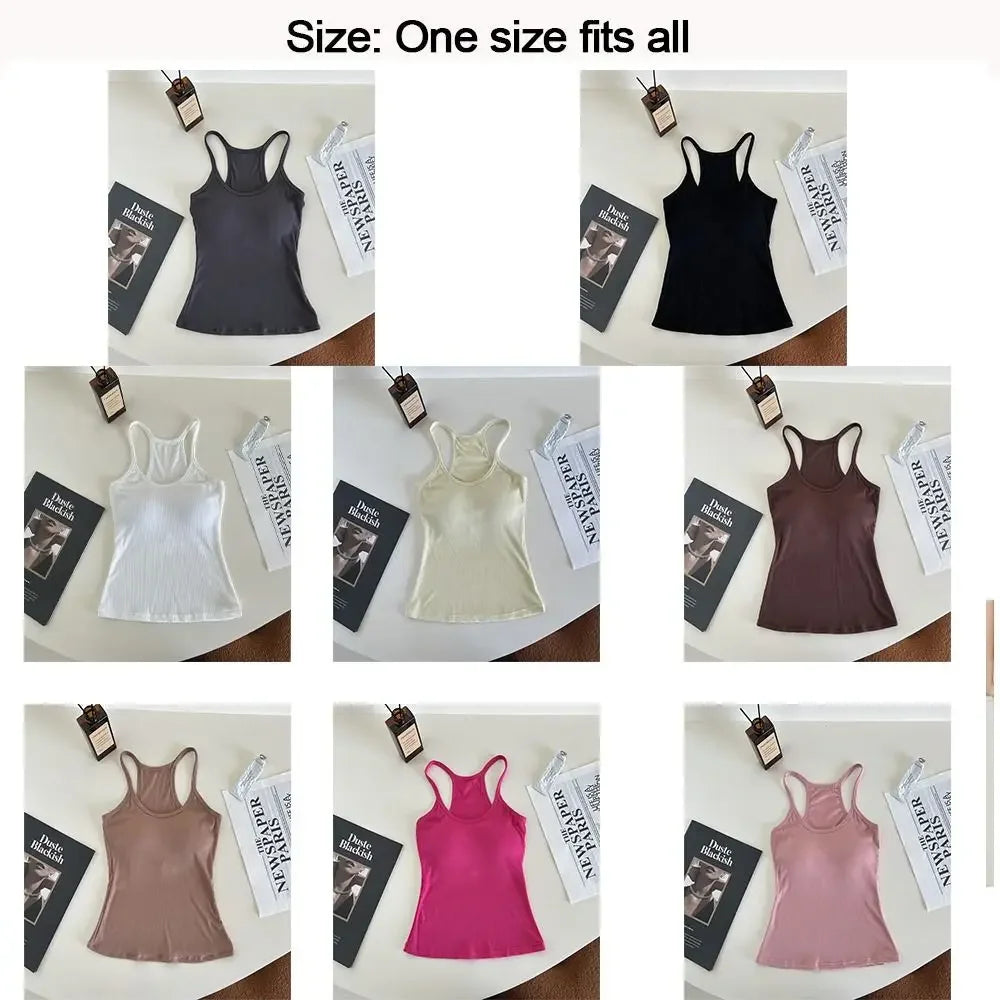 Women Underwear Wire-free Tank Crop Top Sexy Camisole Solid Color Chest Pad Tee American Retro Sleeveless Slim Tank Top Qme