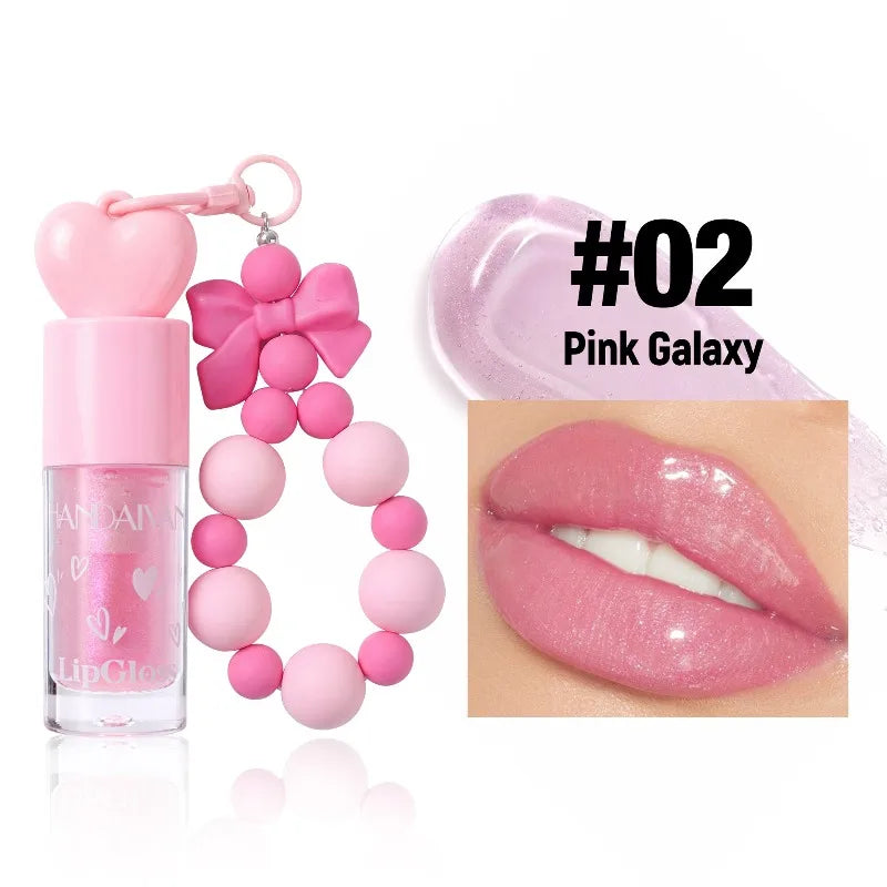 4 Colors Bowknot Bracelet Keychain Lip Oil, High Shine Hydrating Glitter LipGloss, Mirror Water Lip Glaze Non Sticky Lip Makeup Qme 02 Pink Galaxy