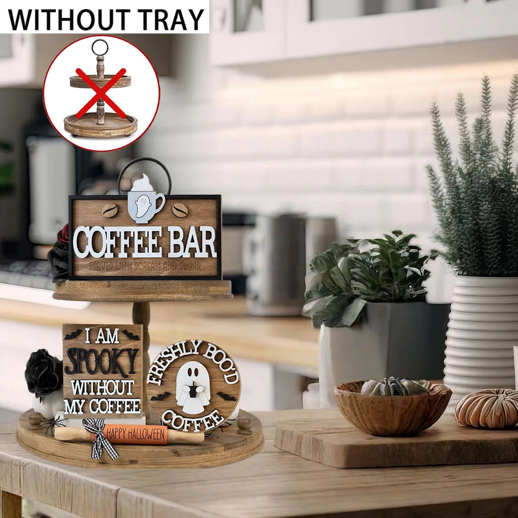 Halloween Wooden Coffee Theme Desktop Sign, No Tray, "Freshly Boo'd Coffee" Ghost Coffee Beans, Halloween Kitchen Home Decor Qme