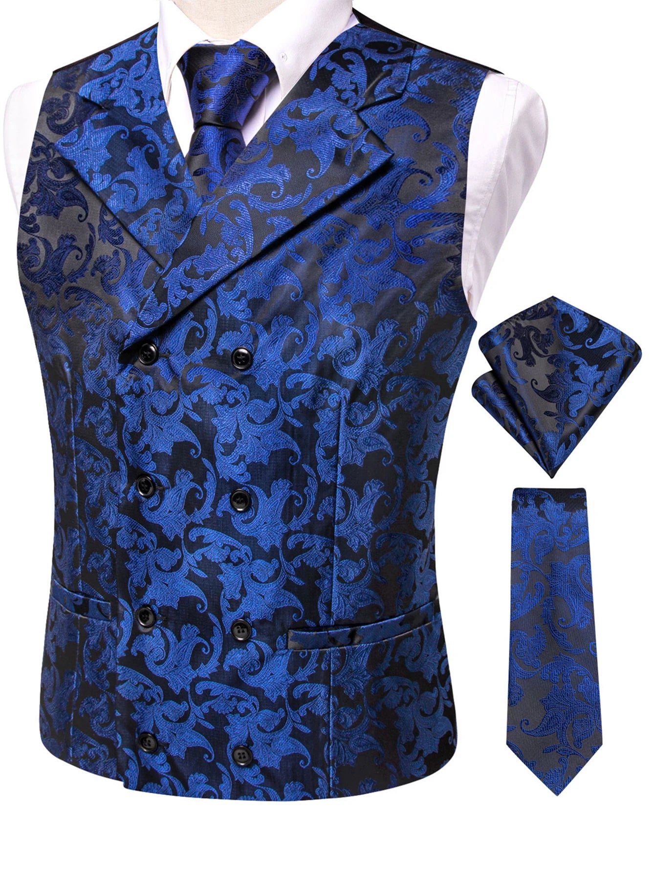 Men's Formal Paisley Jacquard Vest Set – Classic Waistcoat with Matching Tie Hankerchief Cufflinks Ideal for Banquets Qme HT-MJ-0096 XXXL