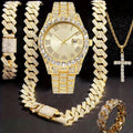 Gold Full Diamond Roman Dial Hip Hop Men Watch With Cross Necklace Bracelets Qme Gold