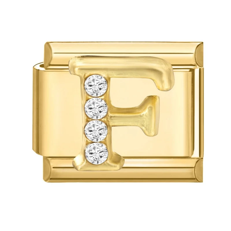 Wholesale Shiny CZ 26 Letters A-Z Gold Color Italian Charms Gold Plated 9mm Stainless Steel Modular Bracelet DIY Jewelry Gift Qme F
