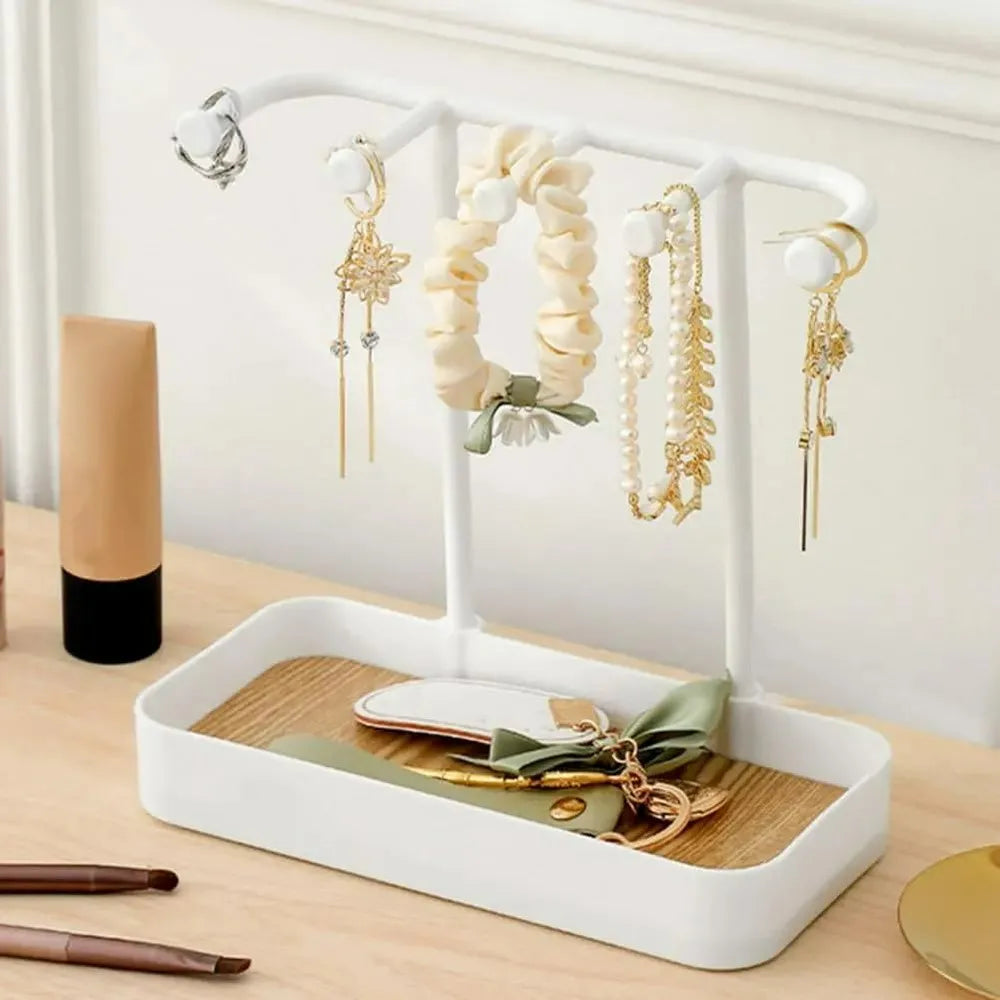 Jewelry Organizer Stand with Tray & Frame - Multi-Tiered Necklace Holder with Hanging Hooks, Earrings Display Rack, Bracelet Qme