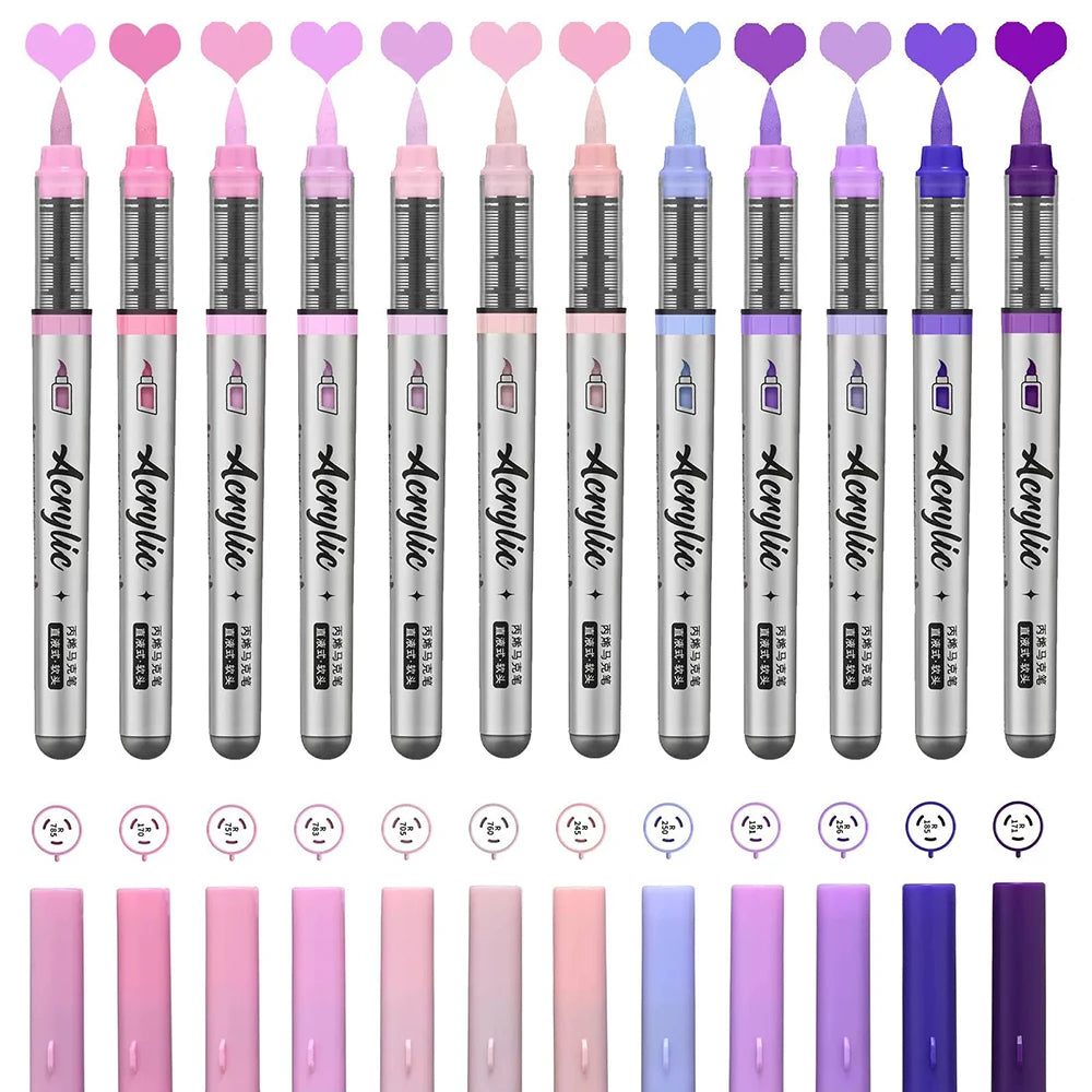 Acrylic Paint Pens Set 12 Pcs Brush Tip Acrylic Paint Pens Set for Artist Creation DIY Handcraft General Painting Stationery Qme Purple Pink Series