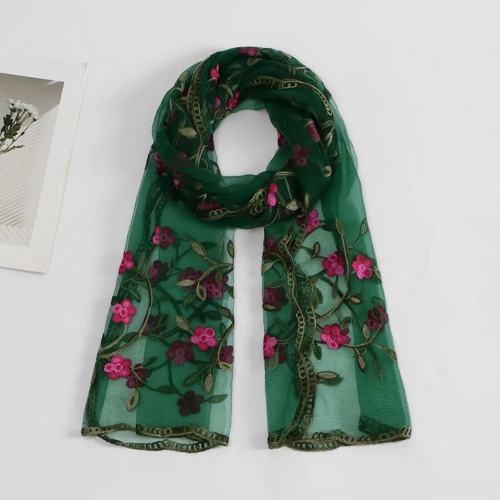 Ethnic Style Embroidered Floral Headwrap Breathable Lightweight Boho Sheer Shawl Skin-Friendly Soft Summer Hijab Qme Green