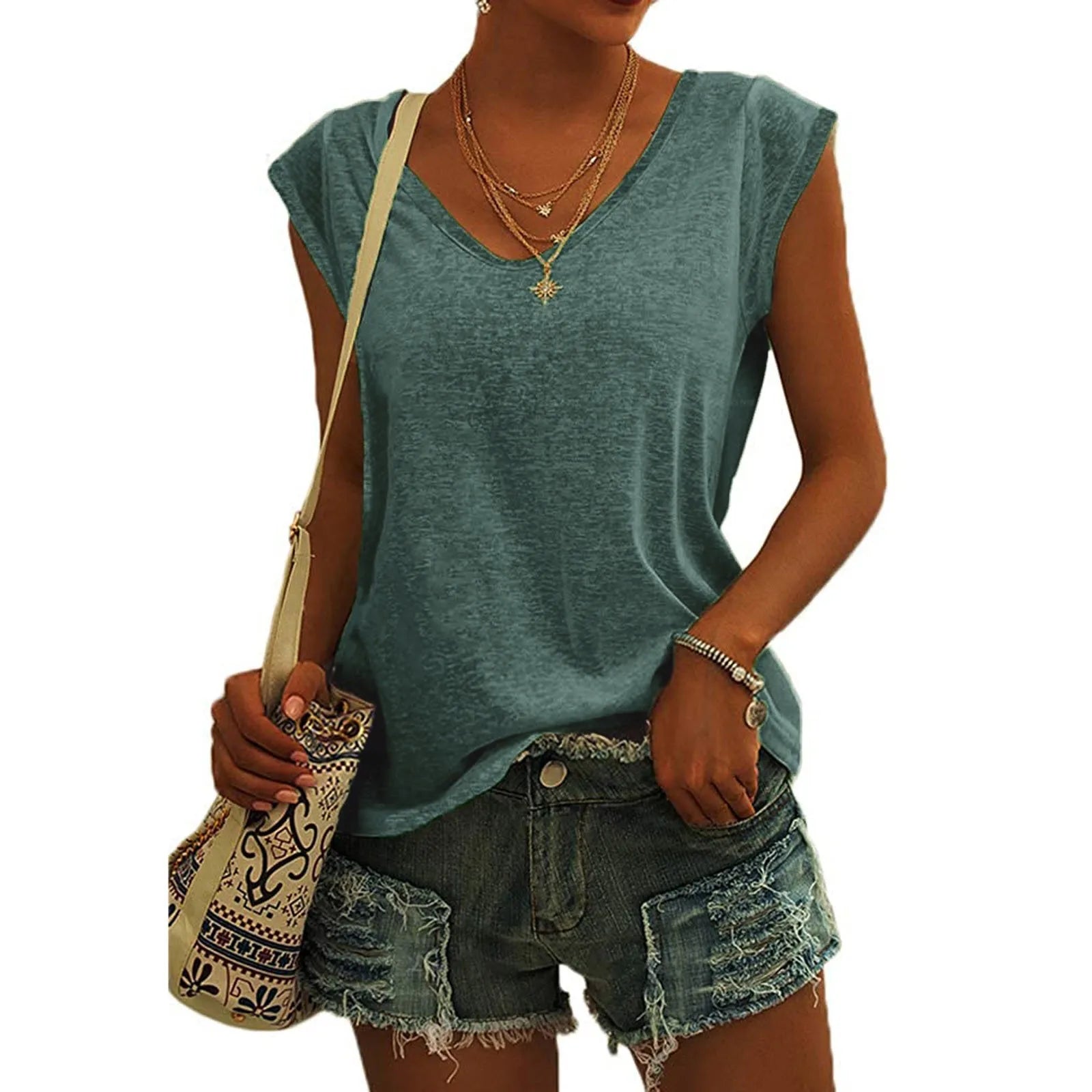 Women's Solid Color Minimalist Fashionable V-Neck Sleeveless T-Shirt Casual And Versatile Loose Summer Basics Street Tank Tops Qme Green M