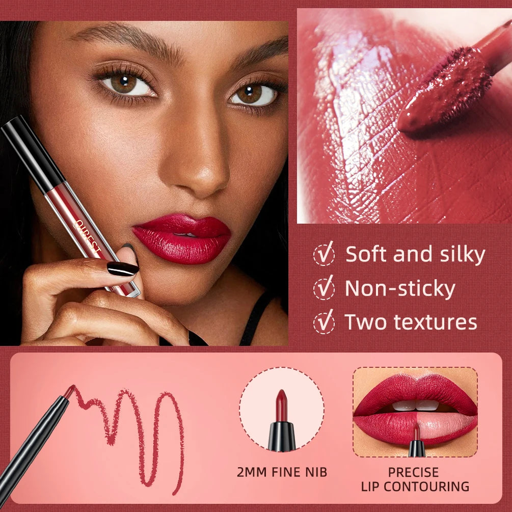 QIBEST Matte Liquid Lipstick&Lip Liner&Lip Gloss 3Pcs Sets Long Lasting Non-stick Cup Red Black Purple Lip Tint Cosmetics Kits Qme