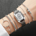 6 Pcs/set Women's Fashion Watch Rectangle Dial Quartz Watches Steel Band Silver Ladies Wrist Watches Bracelets Set Qme Silver