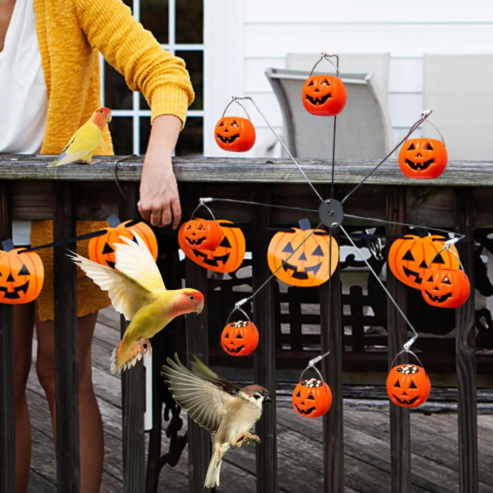 Birds Feeders For Outside Bird Windmill Feeder With 8 Pumpkin Buckets Birdwatching Halloween Pumpkin Decor For Outside Garden Qme
