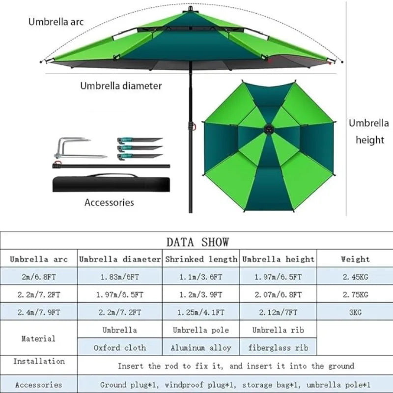 Fishing Umbrella Heavy Duty Wind UV Protection with Tilt & Sun Shade Portable for Picnic Sport Outdoor Garden Patio Black Coated Qme