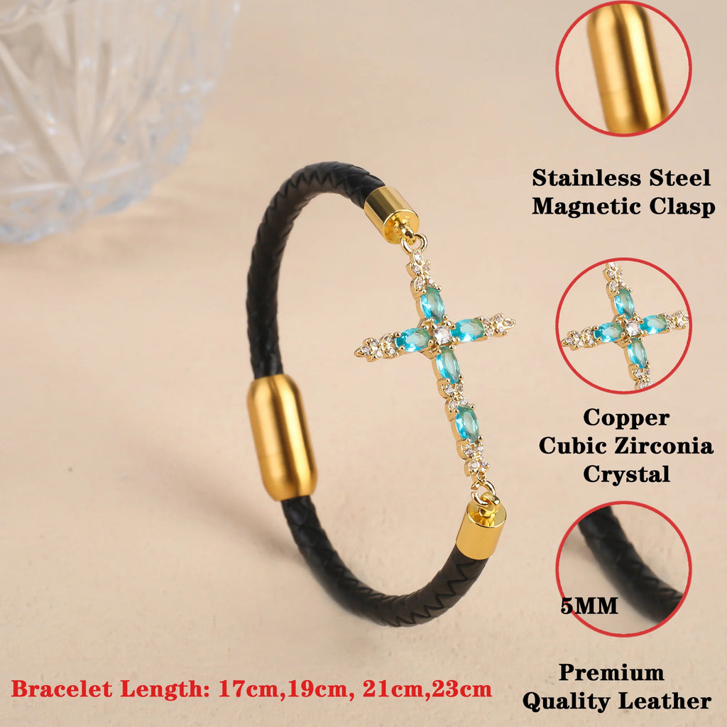 Classic Crystal Cross Leather Bracelet Fashion Religious Jewelry Stainless Steel Wrist Bangle for Couple Friendship Jewelry Gift Qme