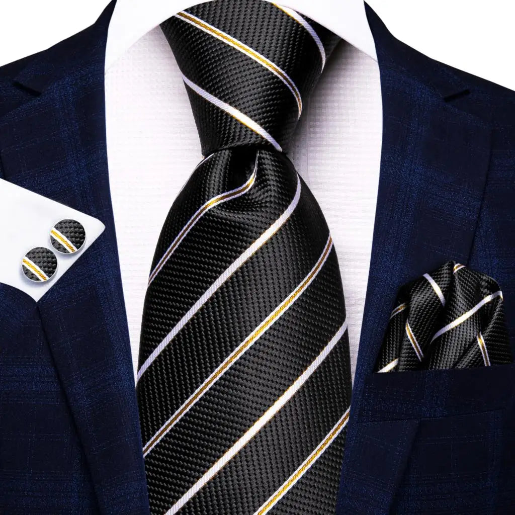 Hi-tie Men Fashion Striped Blue Necktie Handkerchief Cufflinks Tuxedo
