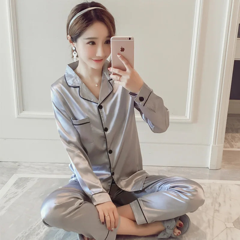 B Solid Color Sleepwear Silk Satin Pajamas Couple Set Long Sleeves Pyjamas Suit Pijama Women Men Loungewear Plus Size Pj Set Qme pajama set Grey M