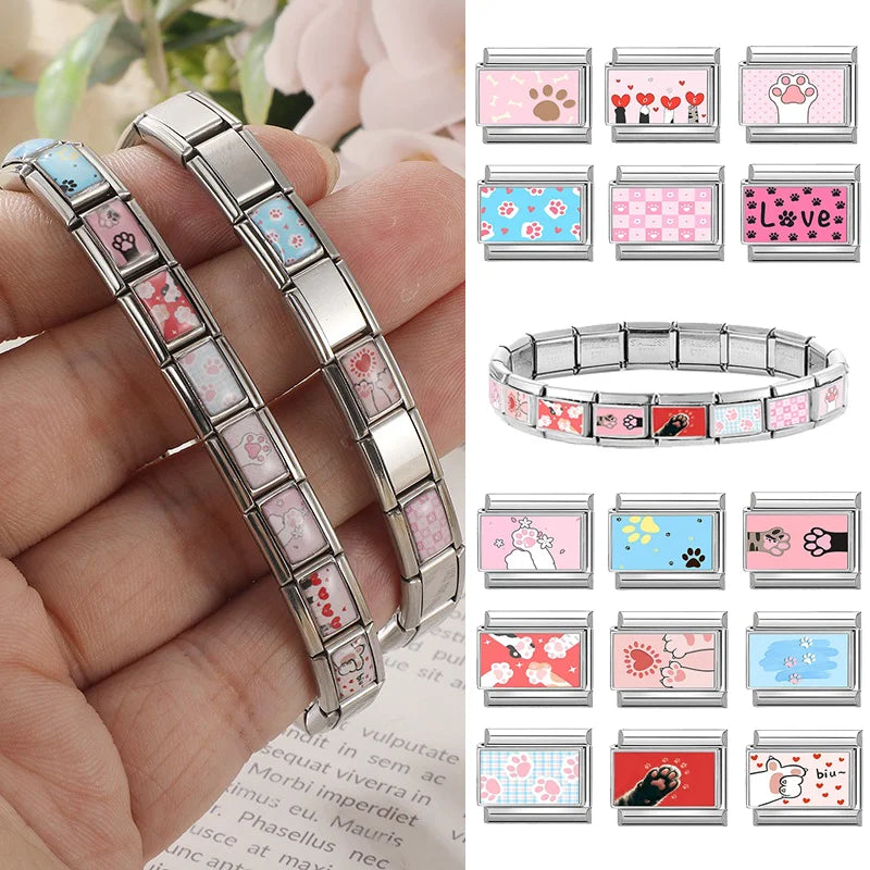New 2026 Y2K Design Colorful Cute Cat Claw Love Heart Italian Charm Links Fit 9MM Stainless Steel Bracelet DIY Making Jewelrys Qme