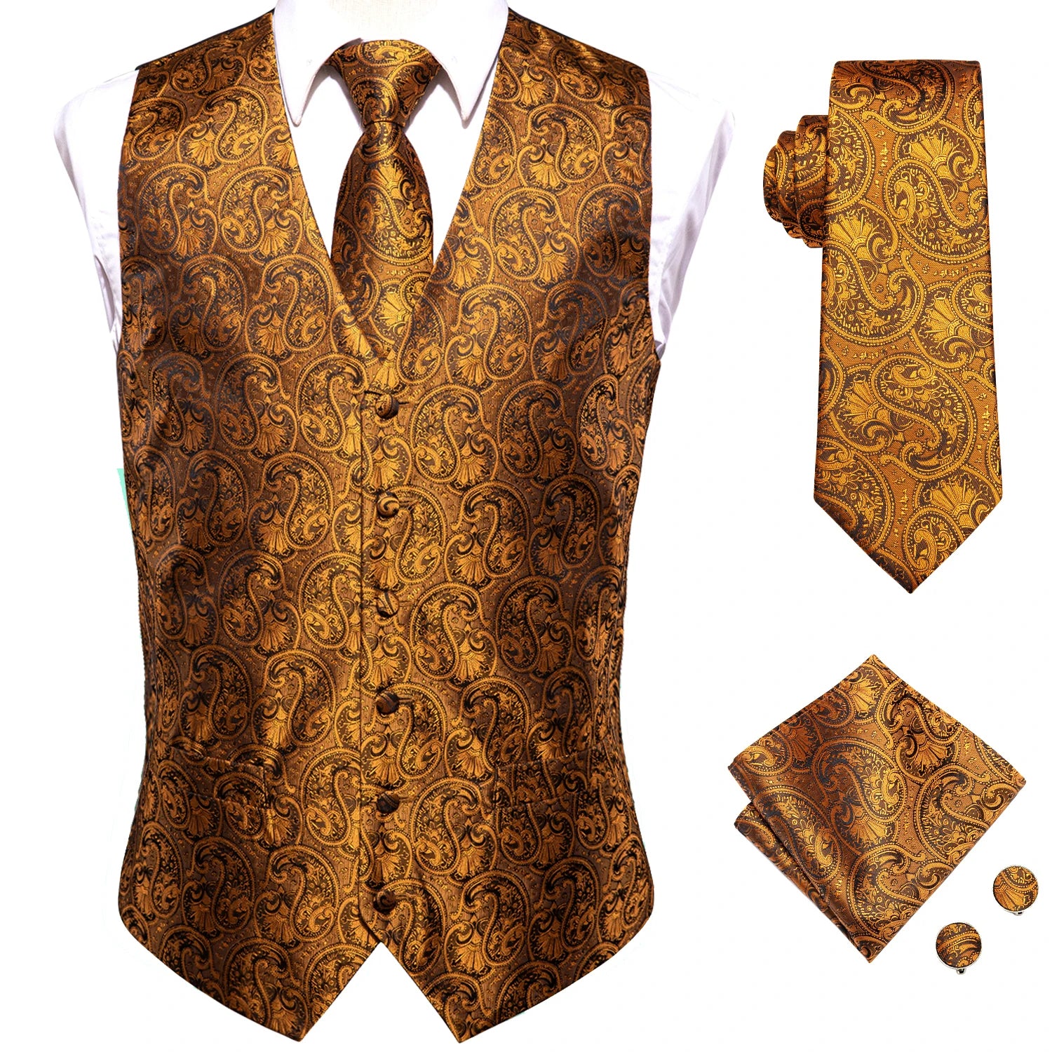 Mens Suit Vest Tie Hanky Cufflinks Jacquard Floral Paisley Waistcoat Qme