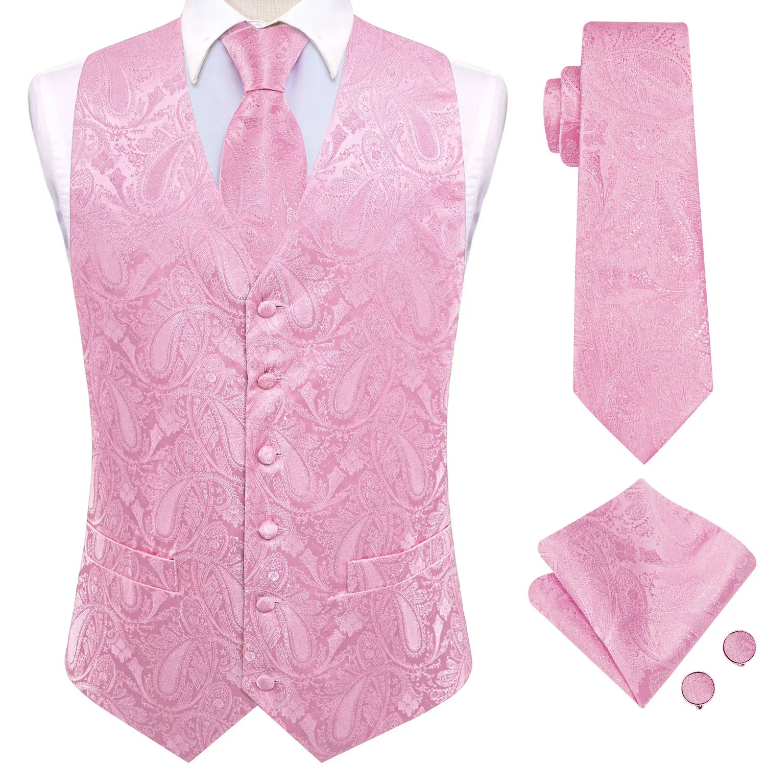 Mens Suit Vest Tie Hanky Cufflinks Rose Teal Pink Coral Blue Red Qme MJTZ3553 S