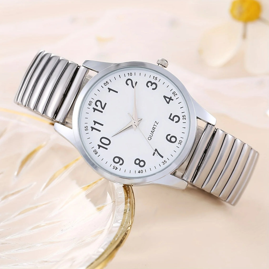 2pcs Simple Digital Steel Band Quartz Watch, Daily Wear Couple Watch Qme