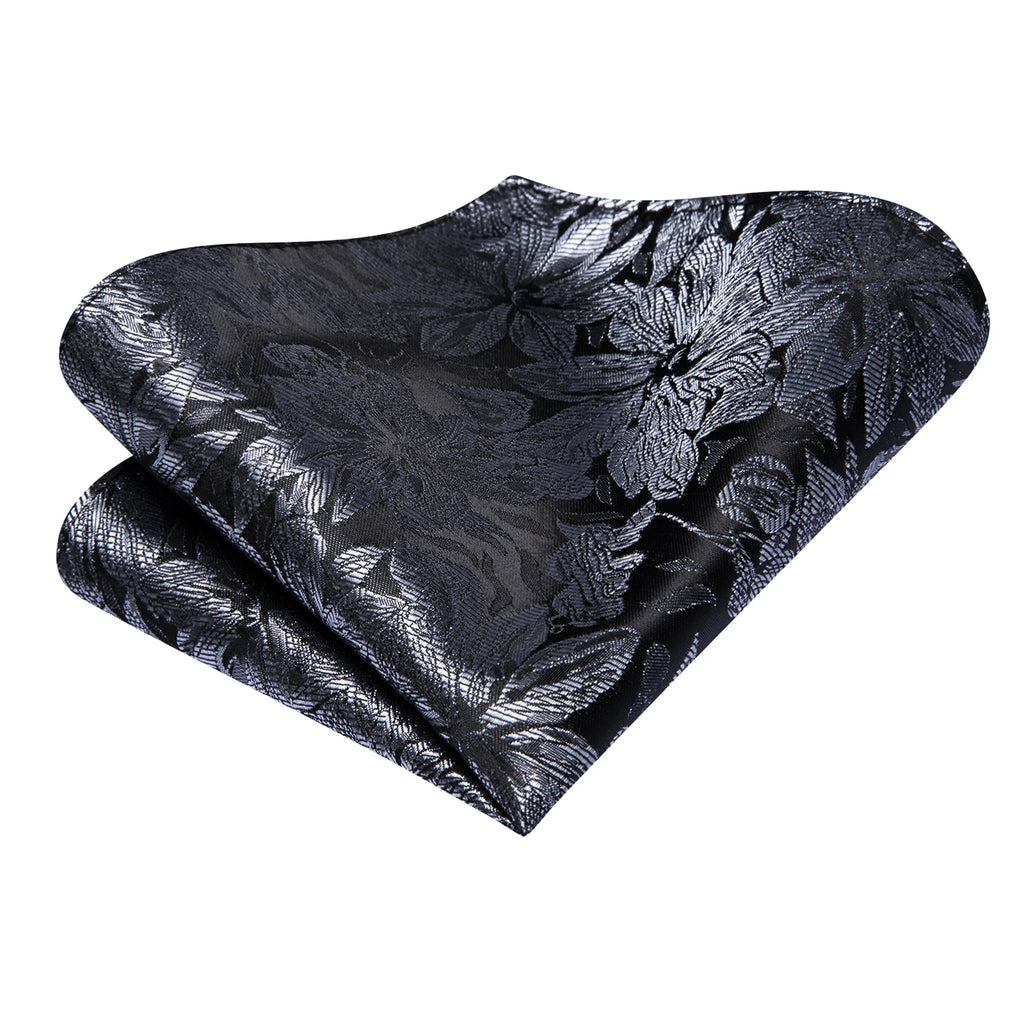 Hi-tie Fashion Black Grey Floral Mens Elegant Tie Handkerchief Qme