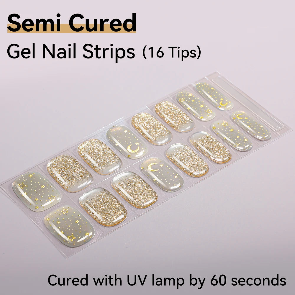 16Tips Semi-cured Gel Nail Sticker Colorful French Glitter UV LED