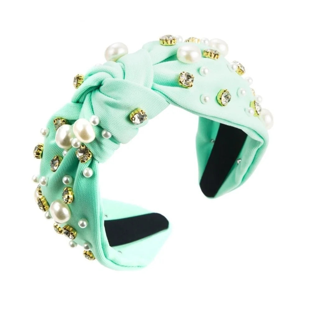 Solid Color Rhinestone Pearl Hairband Wide Edge Nail Pearl Head Hoop Hair Ornament Knot Style Baroque Headband Hair Accessories Qme Light Green