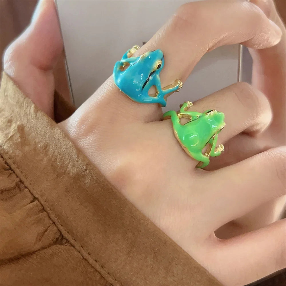New Green Funny Frog Ring Cute Green Blue Adjustable Animal Ring Suitable for Adult Children Qme